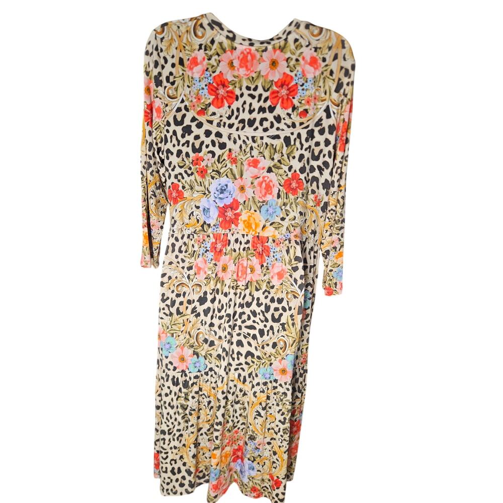 Johnny Was Tiered Boho Chic Midi Dress Animal Floral Print Sz L 3/4 Sleeves - Picture 5 of 8